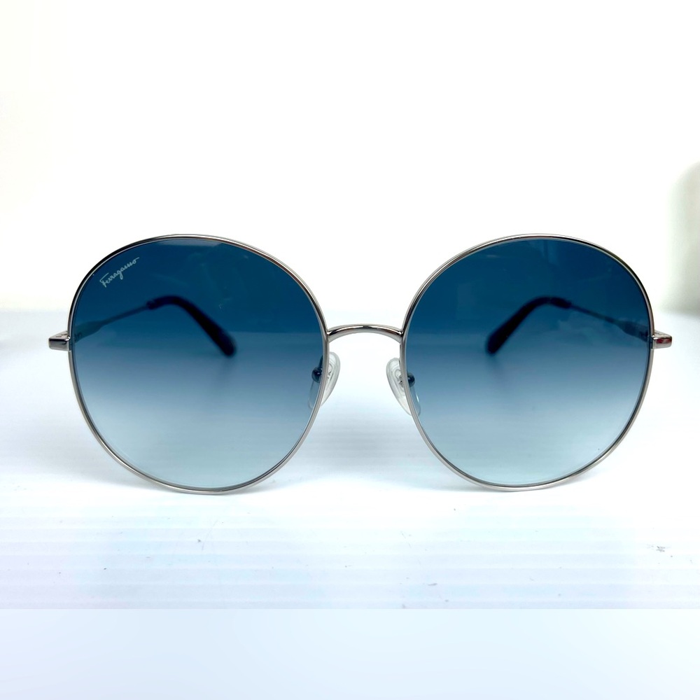 FERRAGAMO Oversized Gradient Blue Round Lens Silver Color Frame Sunglasses 60mm